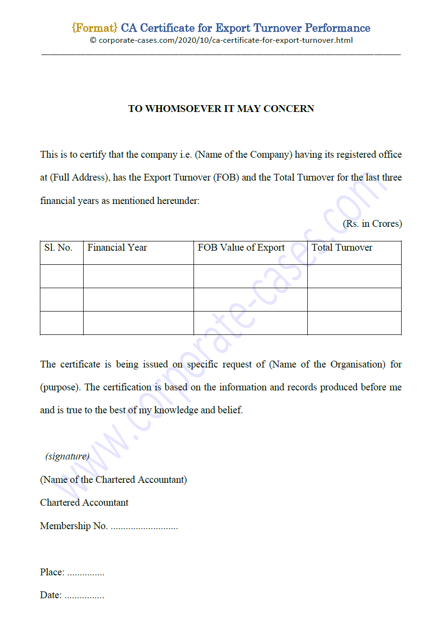Ca Certificate Format For Export Turnover Performance