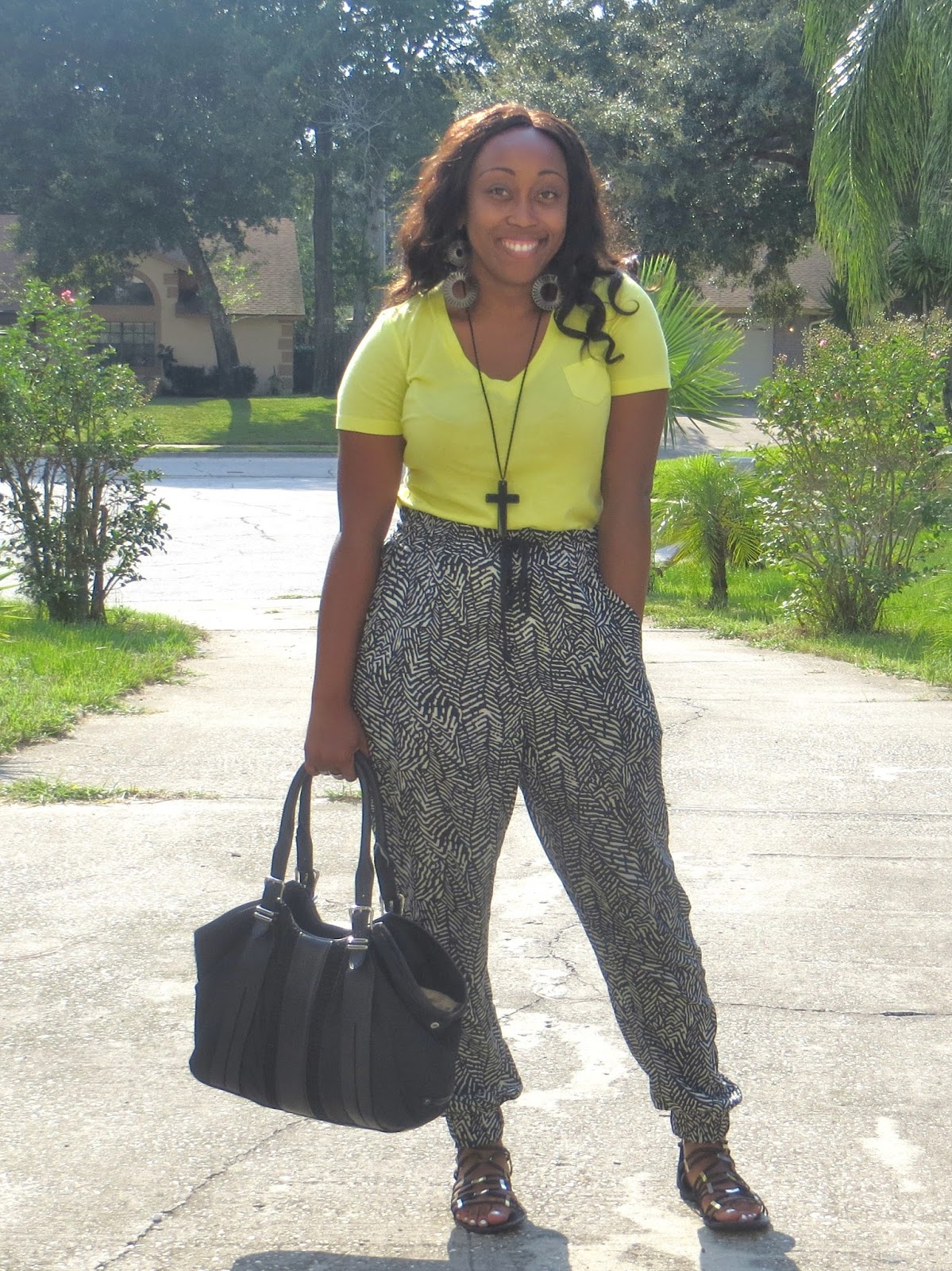 Outfit: Printed Joggers and Gladiator Sandals