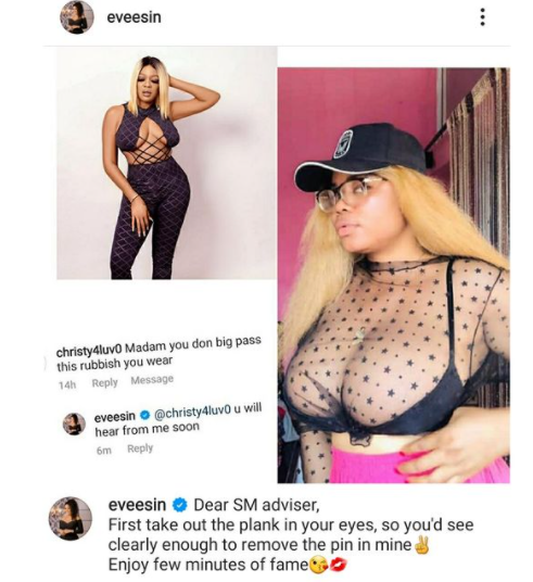 Actress Eve Esin reacts back to  fan who insulted her of exposing her boobs