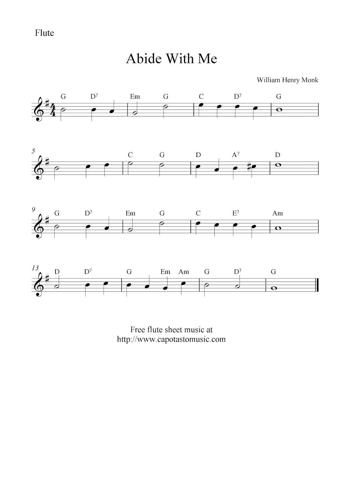 Free flute sheet music, Abide With Me