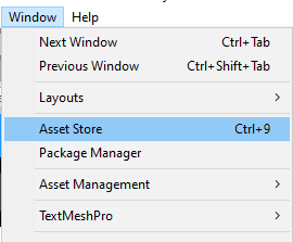 Selecting the asset store from the main menu
