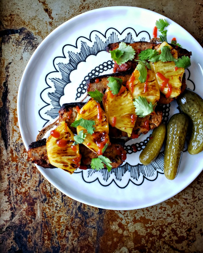 Mango & Tomato Open Face Turkey Meatloaf Sandwich With Pineapple & Sriracha