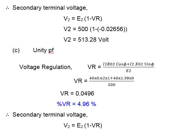 voltage regulation of transformer at unity pf- solved problem