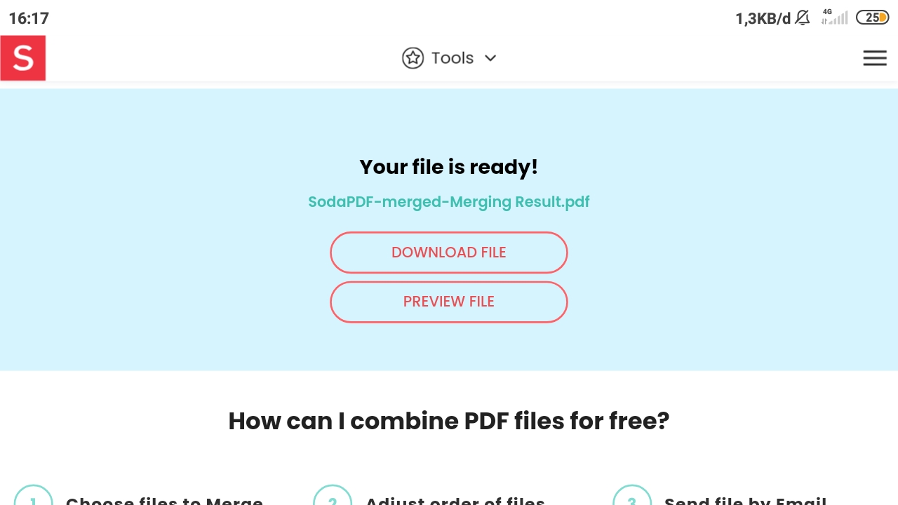 Pilihan Menu Download dan Preview File PDF yang Sudah Digabungkan