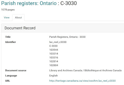 Screen capture from Héritage about page for Parish registers: Ontario : C-3030.
