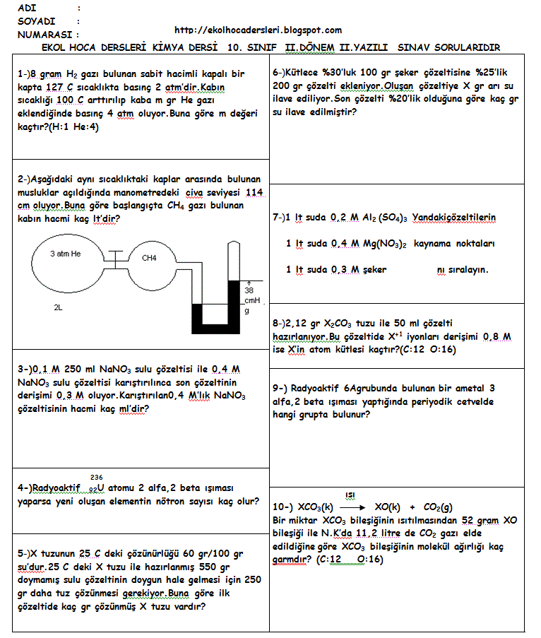 10.sinif kimya 2.dönem 2.yazili sorulari - Ekol Hoca,Fizik,Kimya