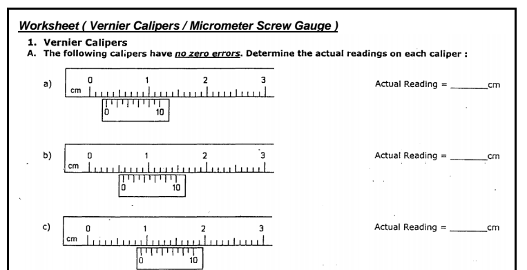 WORKSHEET VERNIER CALIPERS ~ My School