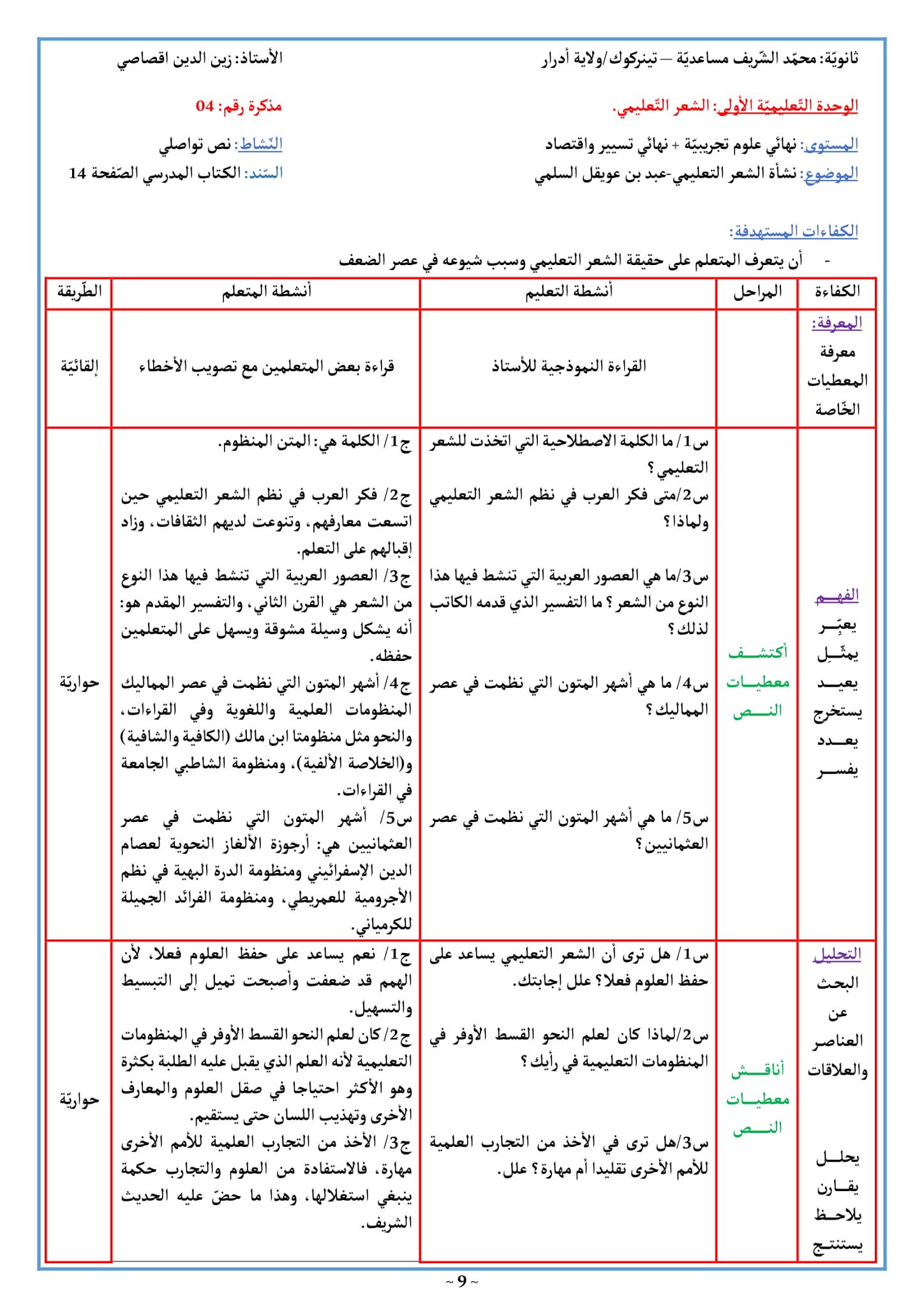 تحضير نشأة الشعر التعليمي 3 ثانوي علمي الصفحة 14 من الكتاب المدرسي