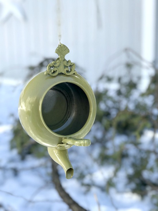 Repurposed Green Teapot Birdhouse