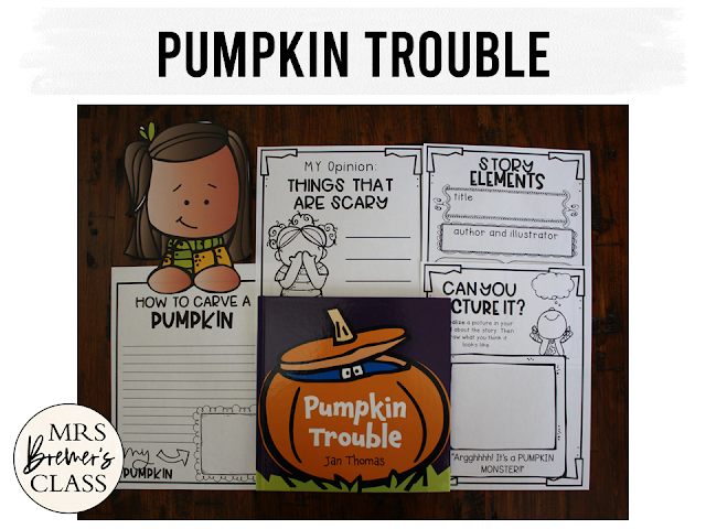 Pumpkin Trouble book study unit Common Core literacy companion activities and craftivity K-1