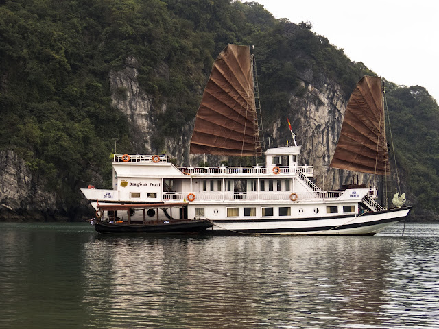 Junk with fancy sails on Halong Bay, Vietnam
