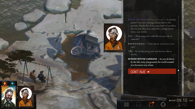 Screenshot of Harry and Kim sitting on some swings in Disco Elysium
