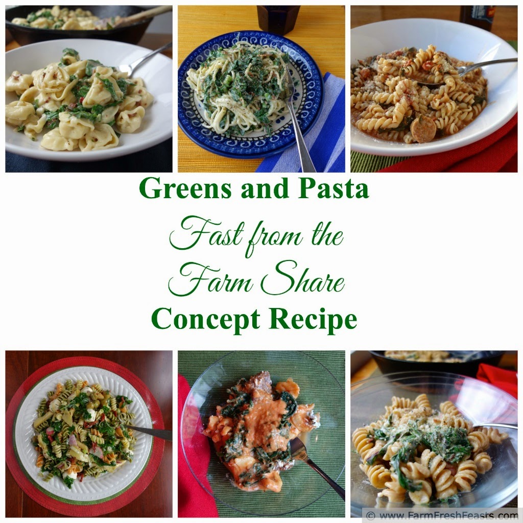 a collage of different greens and pasta dishes that can be made from this concept recipe.