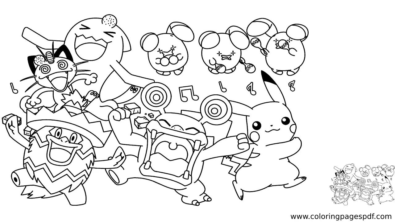 Coloring Page Of Small Pokémons Singing And Dancing