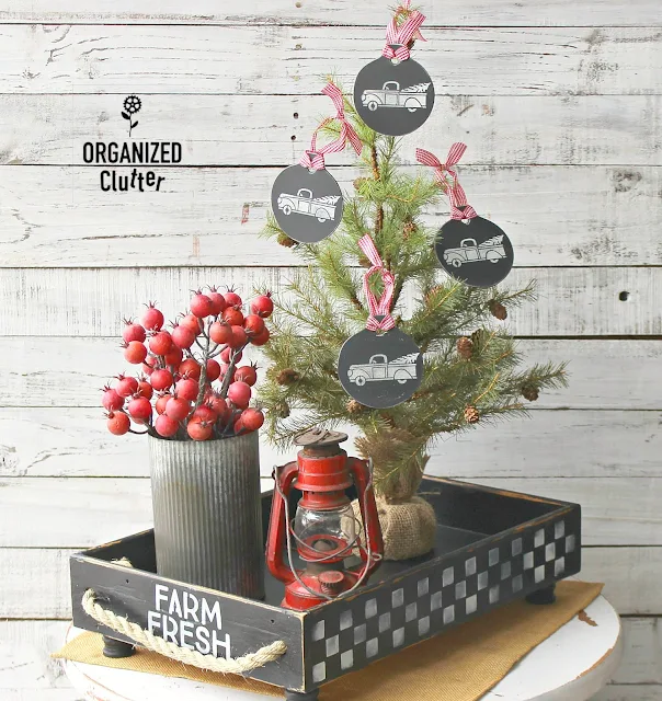 Repurposed/Upcycled Drawer Farmhouse Container Vignette & Tree Ornaments #Christmas #containervignette #farmhouseChristmas #Farmhouse #Checks #stencil #dixiebellepaint