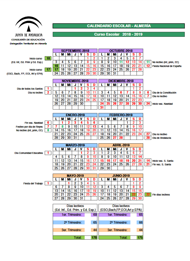 CALENDARIO ESCOLAR - ALMERÍA CURSO ESCOLAR 2018 - 2019