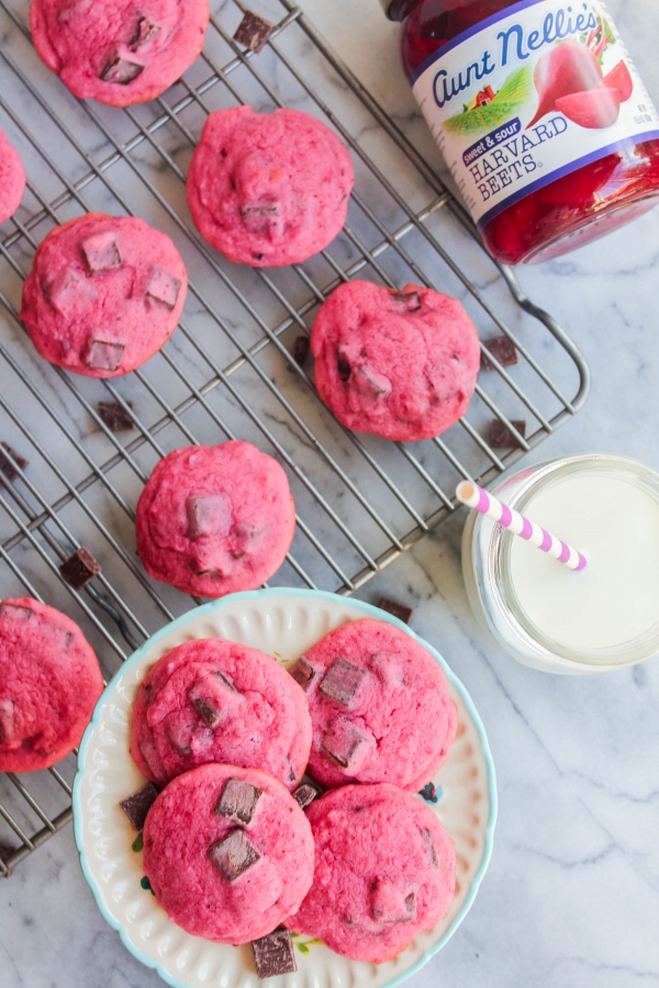 Soft and fluffy, not too sweet, and chocolate chunks in every bite, these Beet Chocolate Chunk Cookies are just as beautiful as they are delicious!