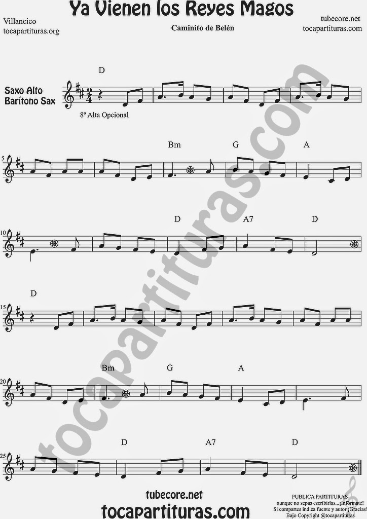  Ya vienen los Reyes Magos Partitura de Saxofón Alto y Sax Barítono Sheet Music for Alto and Baritone Saxophone Music Scores Villancico Tradicional