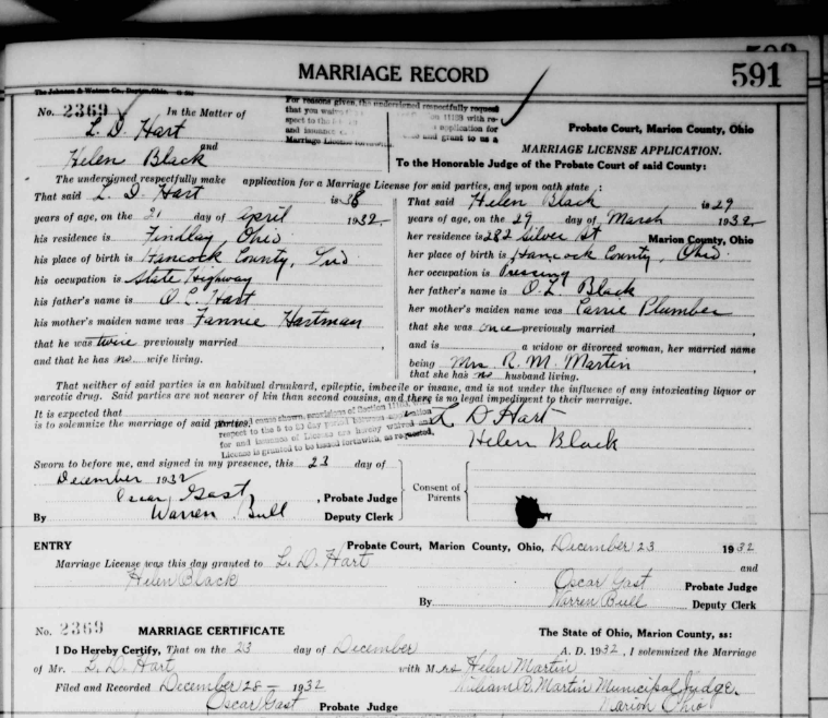 Climbing My Family Tree:Marriage Record for Lester Dene Hart and Helen Black (1932)