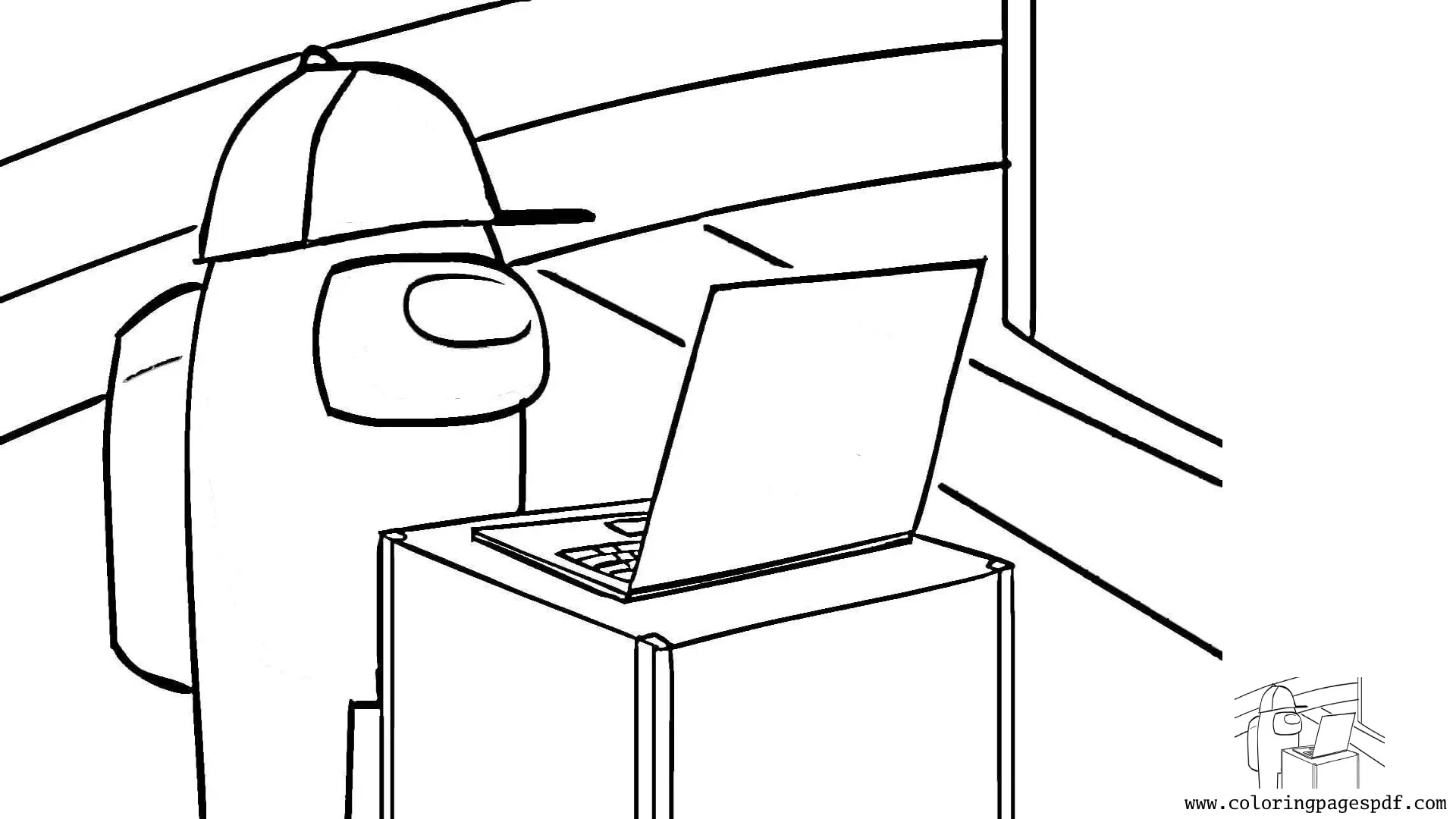 Coloring Page Of A Crewmate In Front Of A Laptop