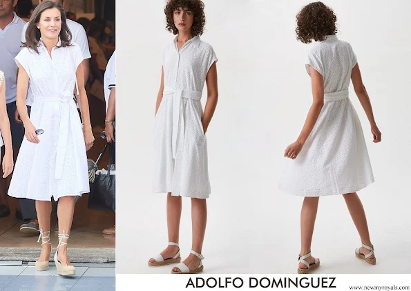 Queen Letizia wore Adolfo Dominguez embroidered cotton dress with belt