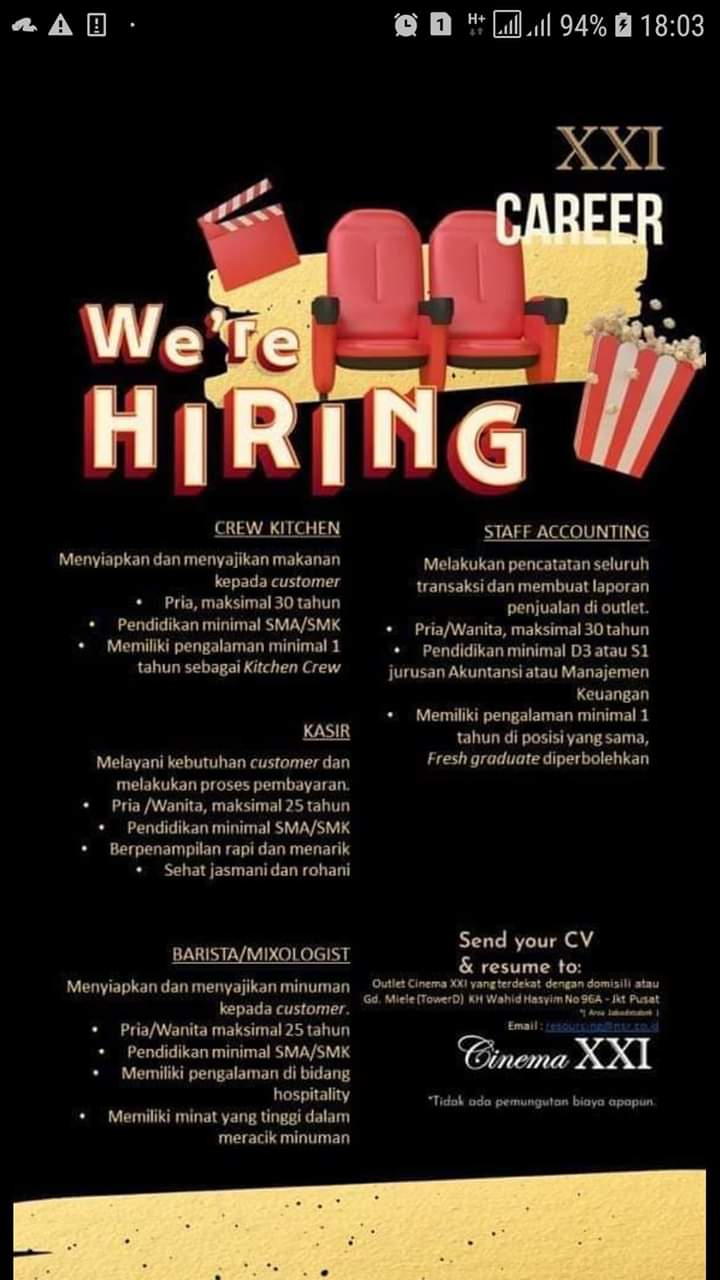 Lowongan Kerja Kasir Cafe Dan Cook Cafe Di Cinema Xxi Divisi Cafe Transmart Semarang Loker Swasta