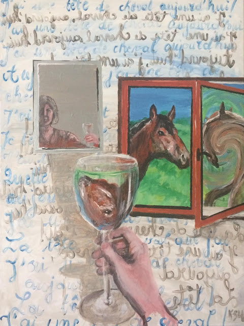 Karine Babel peint un cheval sur un mode surréaliste à la manière de Magritte