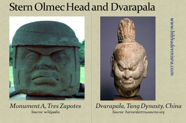 An Olmec stone head and Dvarapala (door-guardian) with a stern expression