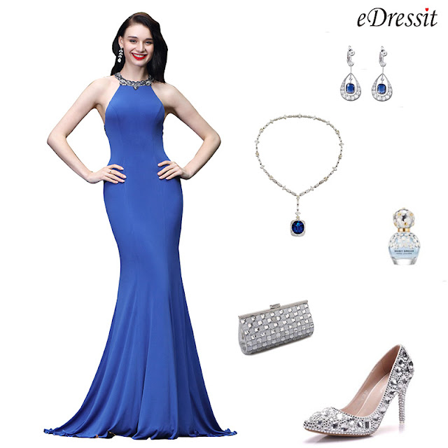 Elegant Blue Beaded Designer Backless Evening Dress 