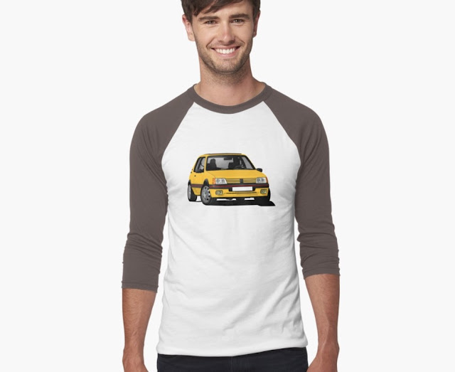 Cornering Peugeot 205 GTi in yellow, two color shirts