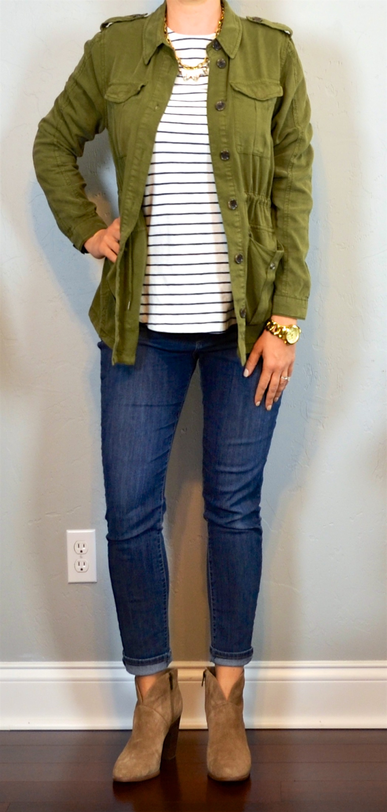 outfit post: green military jacket, striped shirt, skinny jeans, ankle ...