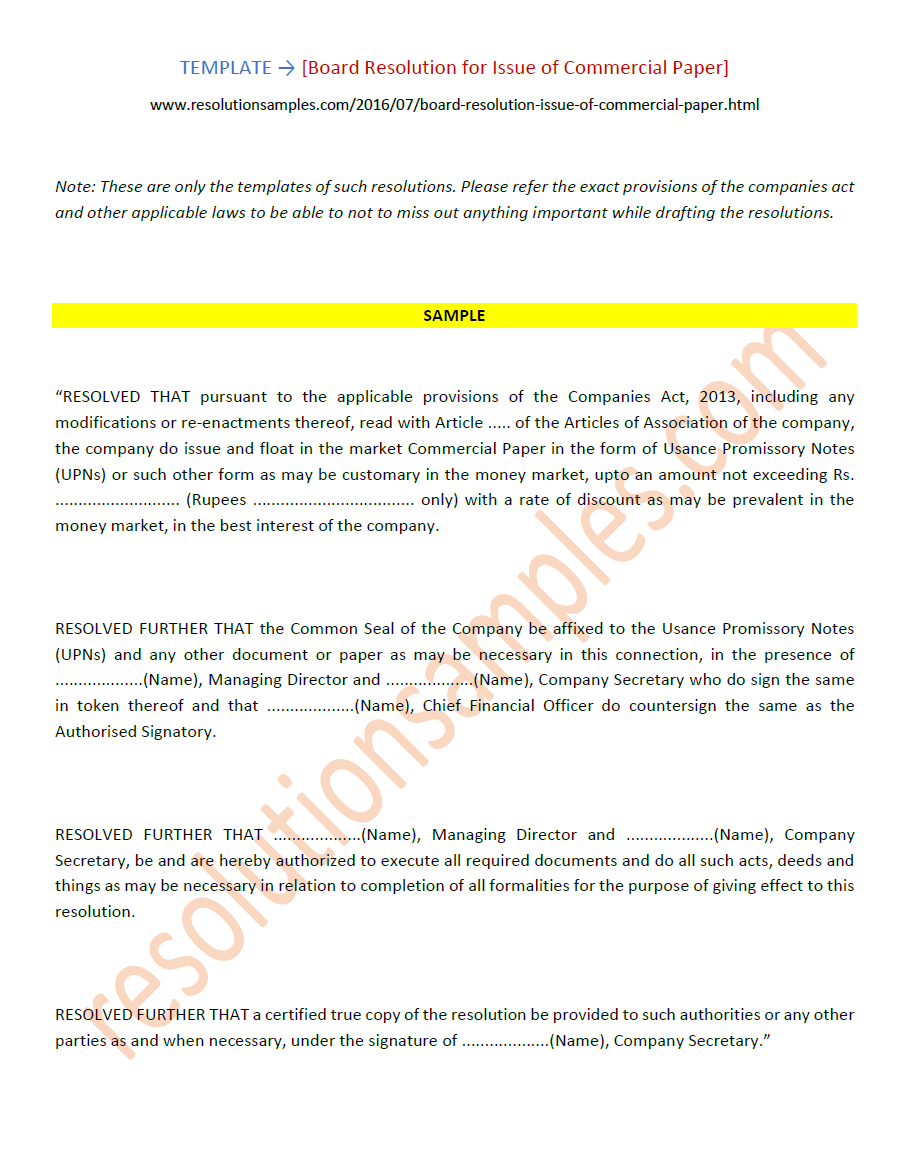 Draft Board Resolution for Issue of Commercial Paper