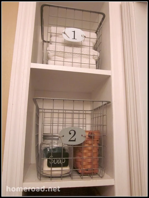 DIY Tiny Bathroom Storage Solutions with numbered tags