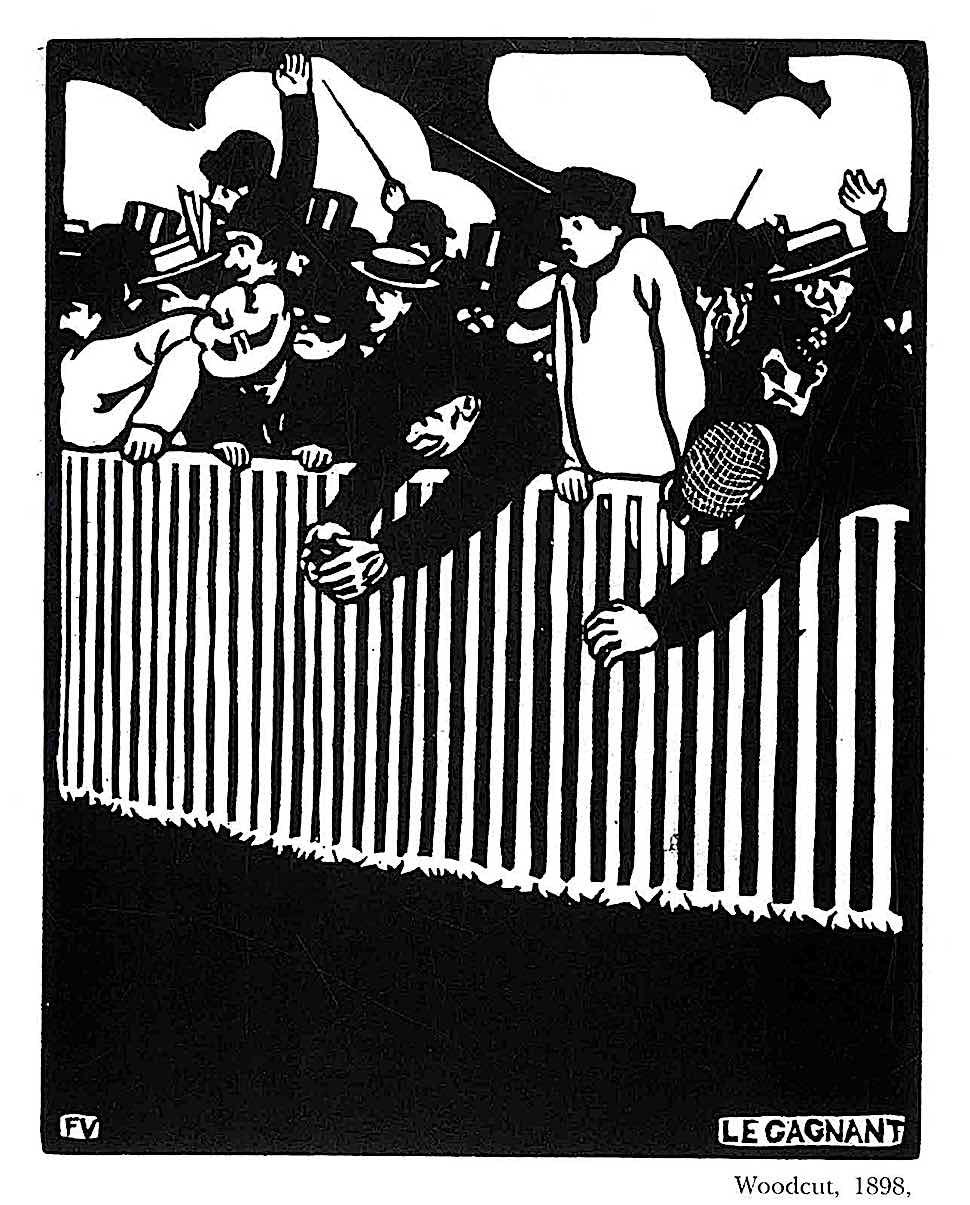 Felix Valloton a Felix Valloton print, the winner, a wood cut showing gamblers at a small animal race track