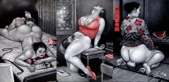 images of dominant women with curves byjapanese femdom artist namio harukawa, facesitting and smothering