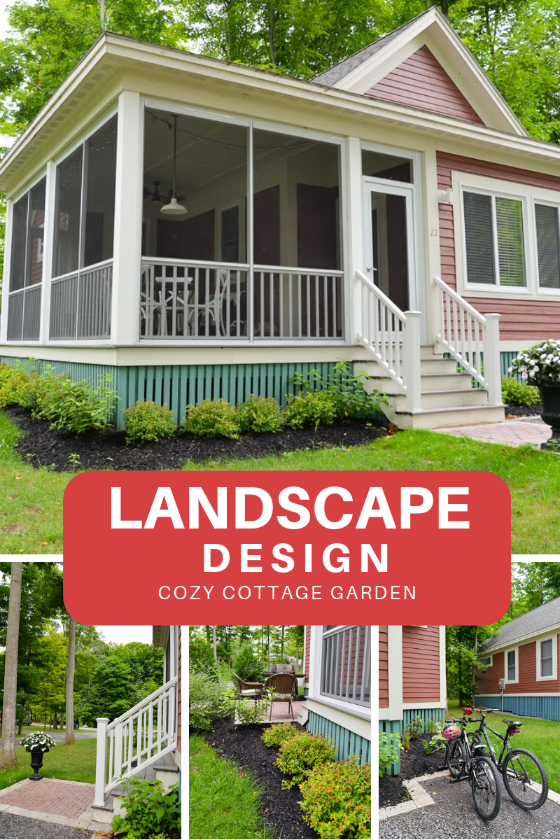 exterior landscaping, cottage garden, spirea and hydrangea, red brick herrringbone walkway