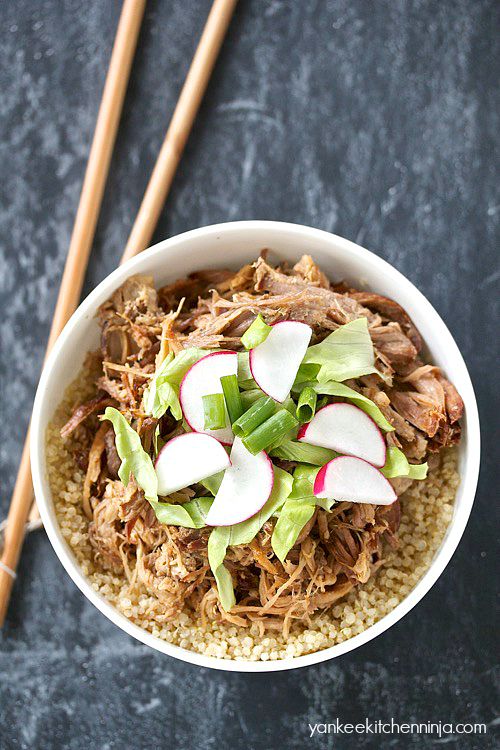 sweet and spicy slow cooker pork bowls -- easy and gluten free