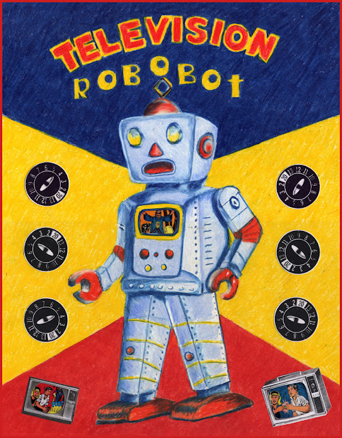 Colored pencil drawing of vintage toy robot