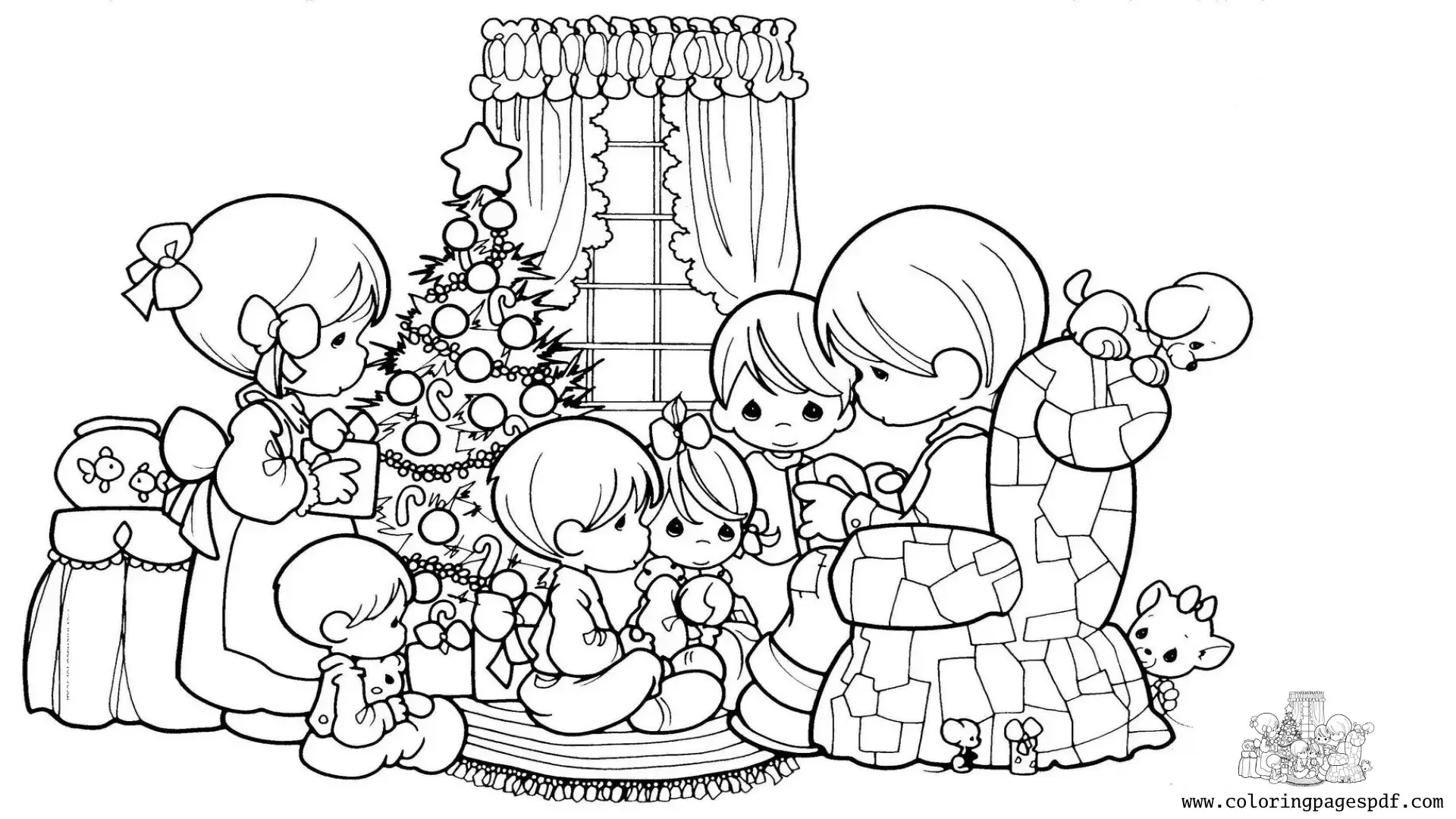 Coloring Page Of Kids Opening Their Christmas Presents