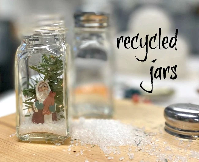 Recycled jar snow globe ornaments with overlay