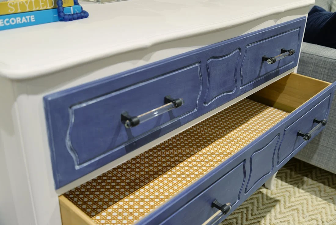 kitchen cabinet makeover, shelf liner adhesive, caning shelf liner, coastal dresser, blue and white dresser