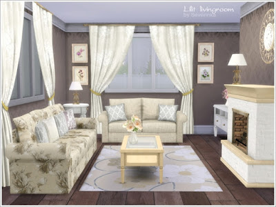 Lilit livingroom Гостиная "Лилит " для The Sims 4 Набор мебели и декора для гостиной в классическом стиле. 4 разных цвета дерева, ткани в мягких сиреневых и бежевых тонах. В набор входят 15 предметов: - 3-х местный диван (5 цветов) - 2-х местный диван (5 цветов) - Комод (4 цвета) - Стол кофейный (4 цвета) - Круглый столик (4 цвета) - Камин (3 цвета) - Настольная лампа (4 цвета) - Резные настенные часы (2 цвета) - настенное зеркало Cardev (2 цвета) - Двойные подушки для диванов (3 цвета) - Подушка (6 цветов) - пионы в вазе (3 цвета) - Коврик (6 цветов) - Картины (от 2 до 6 вариантов цвета) Автор: Severinka_