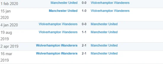 Head to head Manchester United vs Wolves 6 perlawanan terakhir