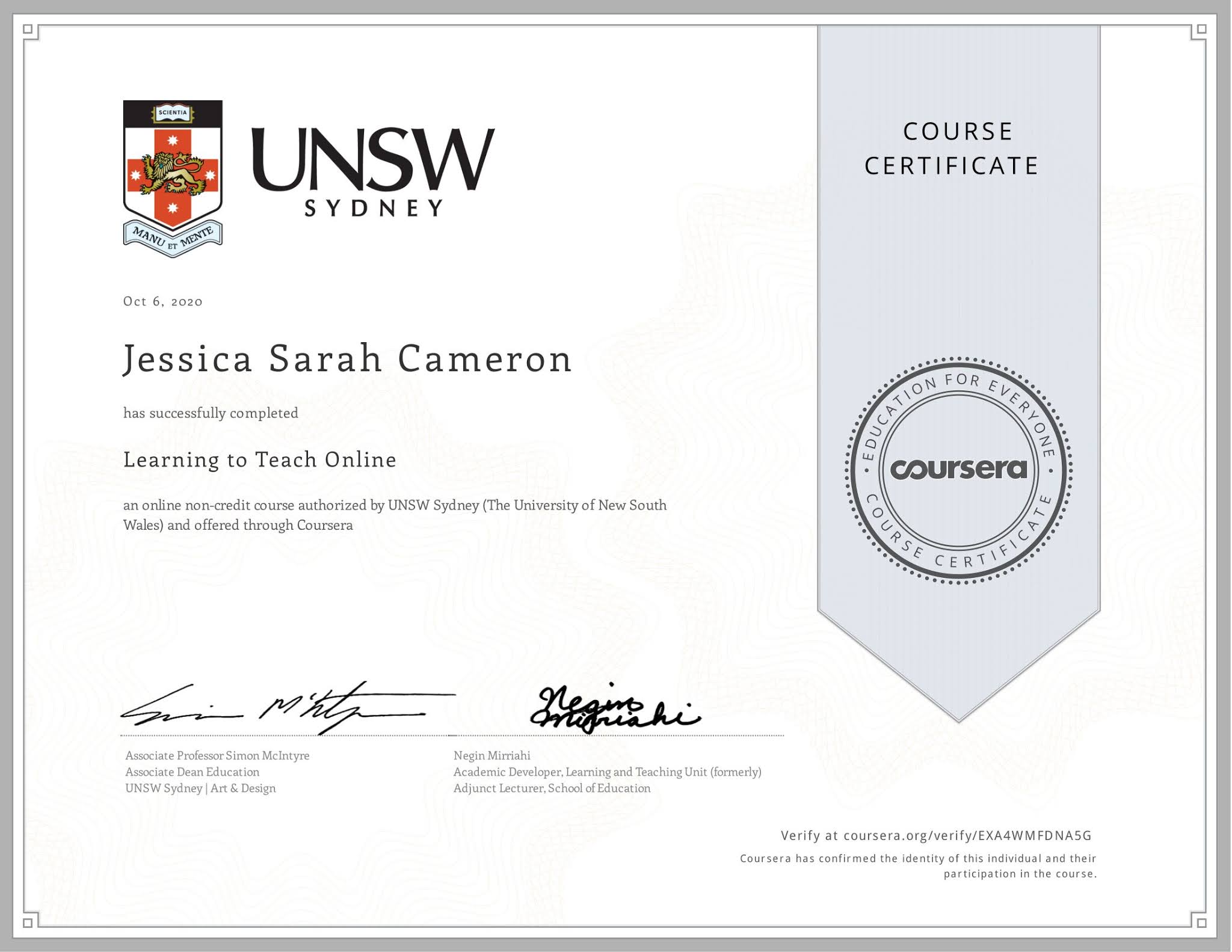 Jessica Cameron Professional Development Certificates