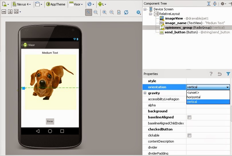 Atributo orientation de RadioGroup