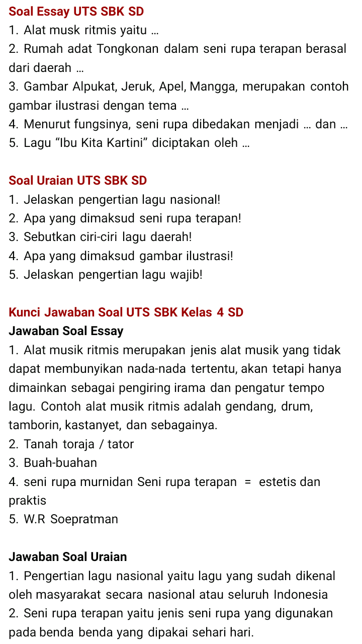 Kumpulan Soal dan Kunci Jawaban SBK Kelas 4 SD Kurikulum
