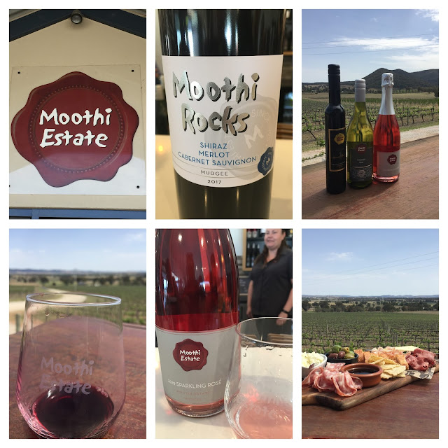 Collage showing Moothi's logo and Moothi Rocks Red Blend and wines on deck and charcuterie platter 