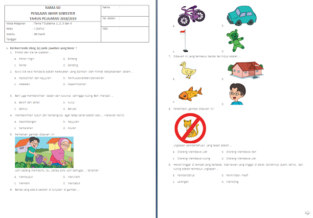 Soal Penilaian Akhir Semester (PAS) Kelas 1 SD/MI: Tema 7