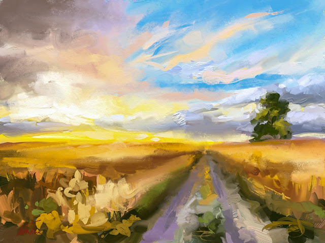 Country road at sunset digital landscape painting by Mikko Tyllinen