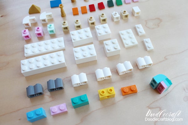 Lego pieces needed to build the most epic Lego Unicorn with a rainbow colored mane, gold tiara and horn, rainbow colored waterfall tail and star cutie mark on the flank!